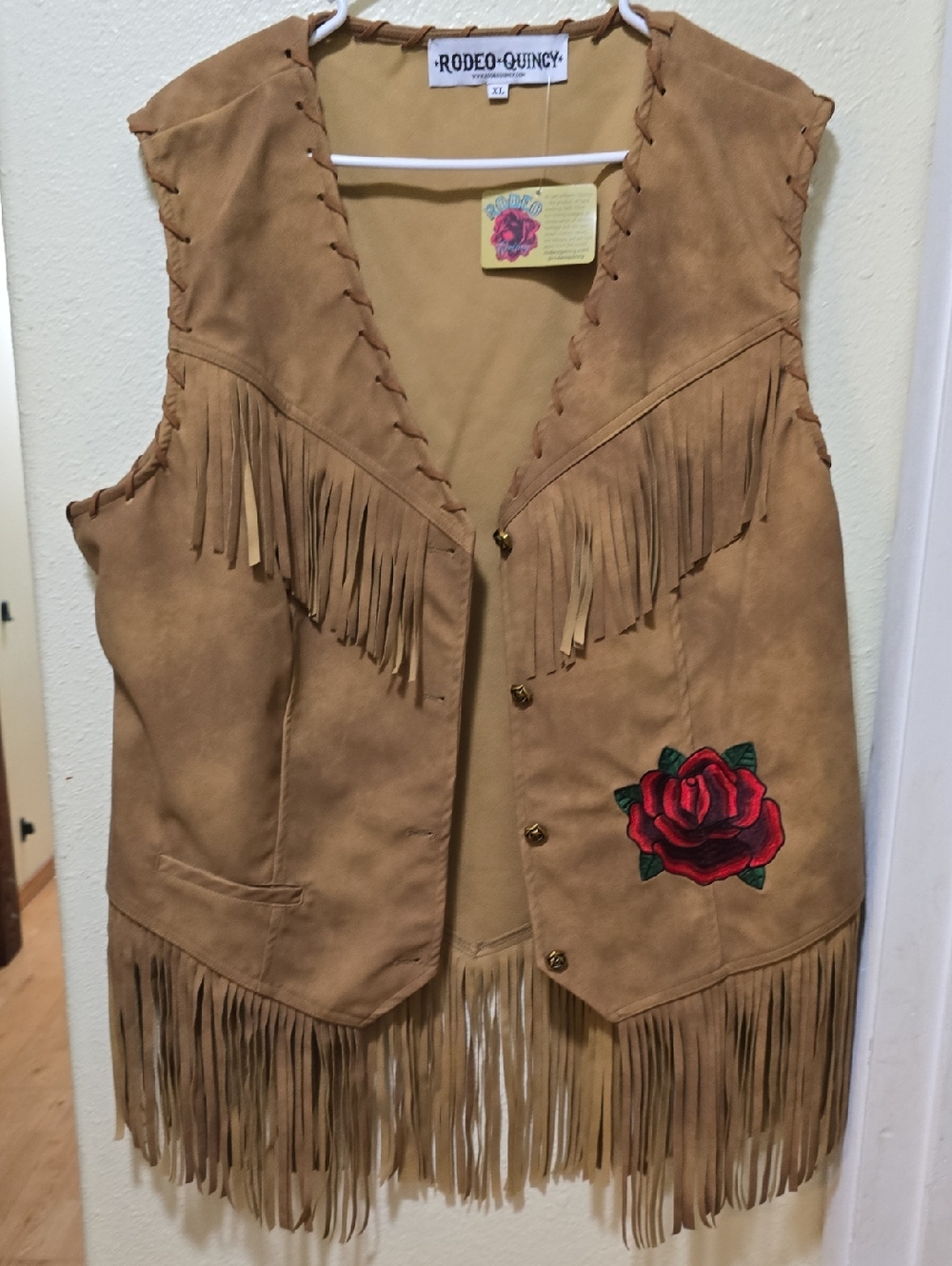 Rodeo Quincy Tan Fringe Vest with Rose Embroidery